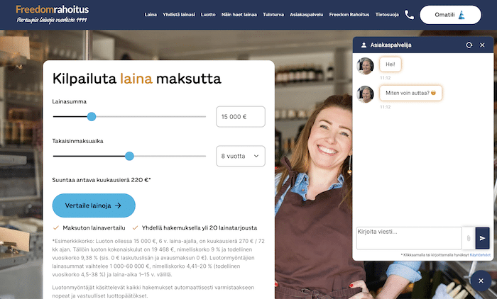 Kuva Freedom Rahoituksen etusivulta